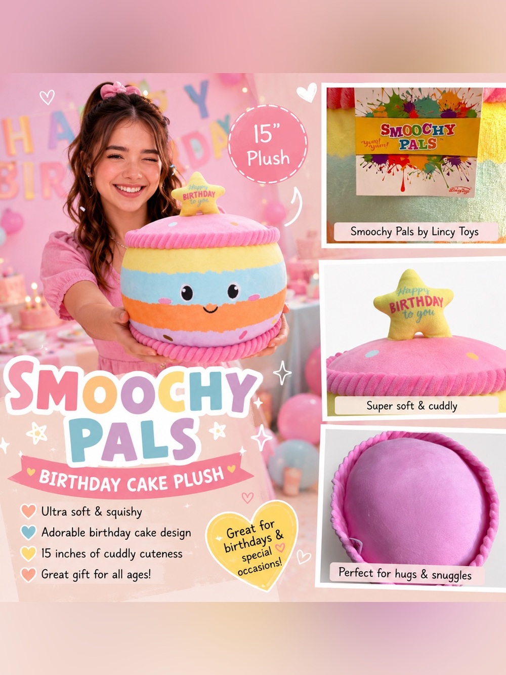 NWT 15” Smoochy Pals Birthday Cake Plush